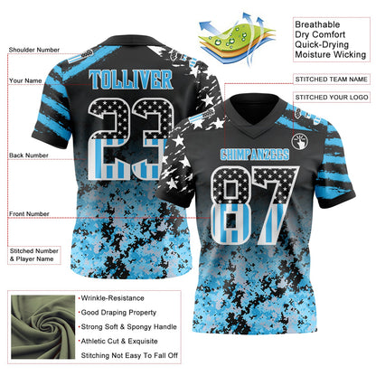 Custom Black USA Flag Camo White-Sky Blue Authentic Gradient Digital Camouflage Stars & Stripes Raglan Sleeves Football Jersey