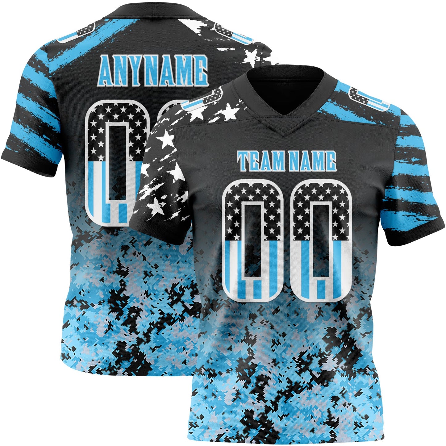 Custom Black USA Flag Camo White-Sky Blue Authentic Gradient Digital Camouflage Stars & Stripes Raglan Sleeves Football Jersey