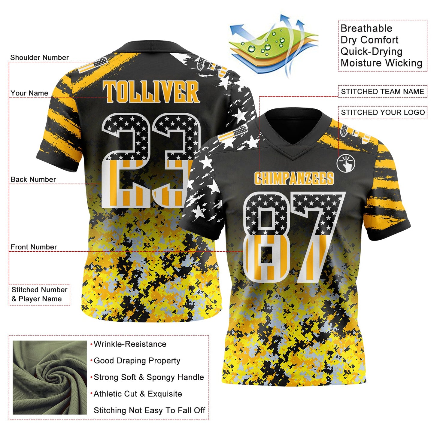 Custom Black USA Flag Camo White-Gold Authentic Gradient Digital Camouflage Stars & Stripes Raglan Sleeves Football Jersey