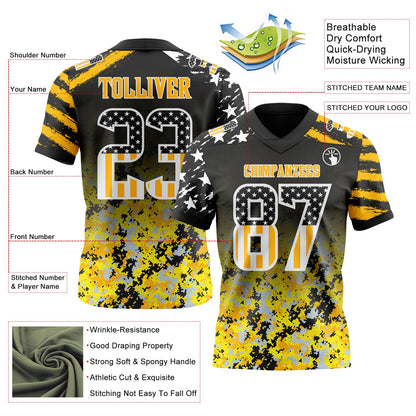 Custom Black USA Flag Camo White-Gold Authentic Gradient Digital Camouflage Stars & Stripes Raglan Sleeves Football Jersey