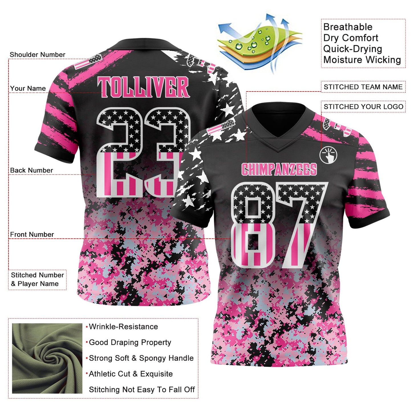 Custom Black USA Flag Camo White-Pink Authentic Gradient Digital Camouflage Stars & Stripes Raglan Sleeves Football Jersey