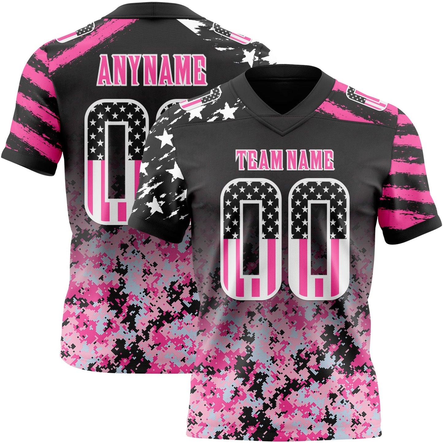 Custom Black USA Flag Camo White-Pink Authentic Gradient Digital Camouflage Stars & Stripes Raglan Sleeves Football Jersey