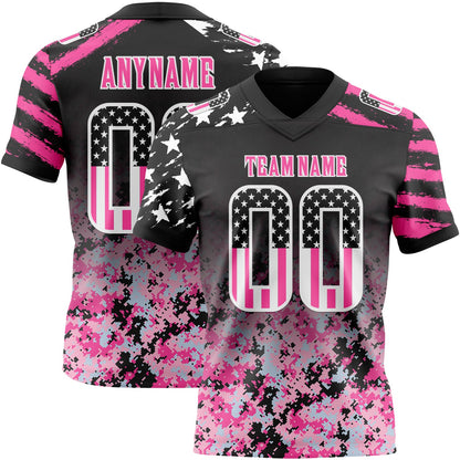 Custom Black USA Flag Camo White-Pink Authentic Gradient Digital Camouflage Stars & Stripes Raglan Sleeves Football Jersey