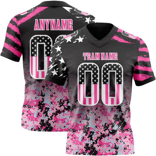 Custom Black USA Flag Camo White-Pink Authentic Gradient Digital Camouflage Stars & Stripes Raglan Sleeves Football Jersey