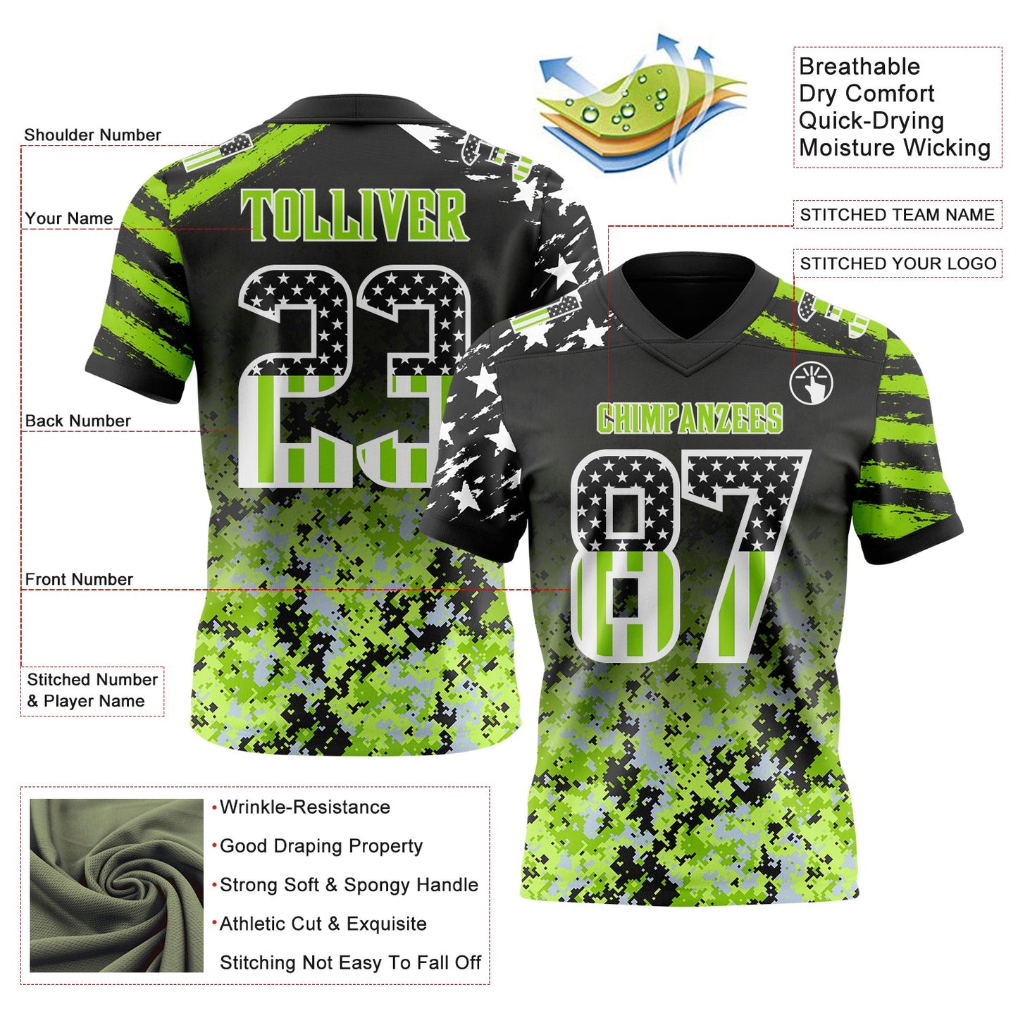 Custom Black USA Flag Camo White-Neon Green Authentic Gradient Digital Camouflage Stars & Stripes Raglan Sleeves Football Jersey