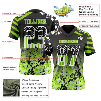 Custom Black USA Flag Camo White-Neon Green Authentic Gradient Digital Camouflage Stars & Stripes Raglan Sleeves Football Jersey