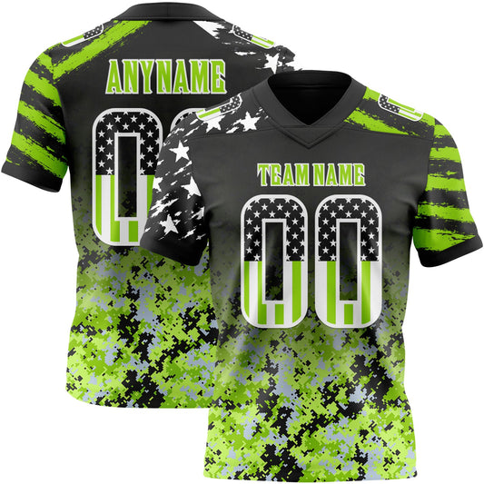 Custom Black USA Flag Camo White-Neon Green Authentic Gradient Digital Camouflage Stars & Stripes Raglan Sleeves Football Jersey