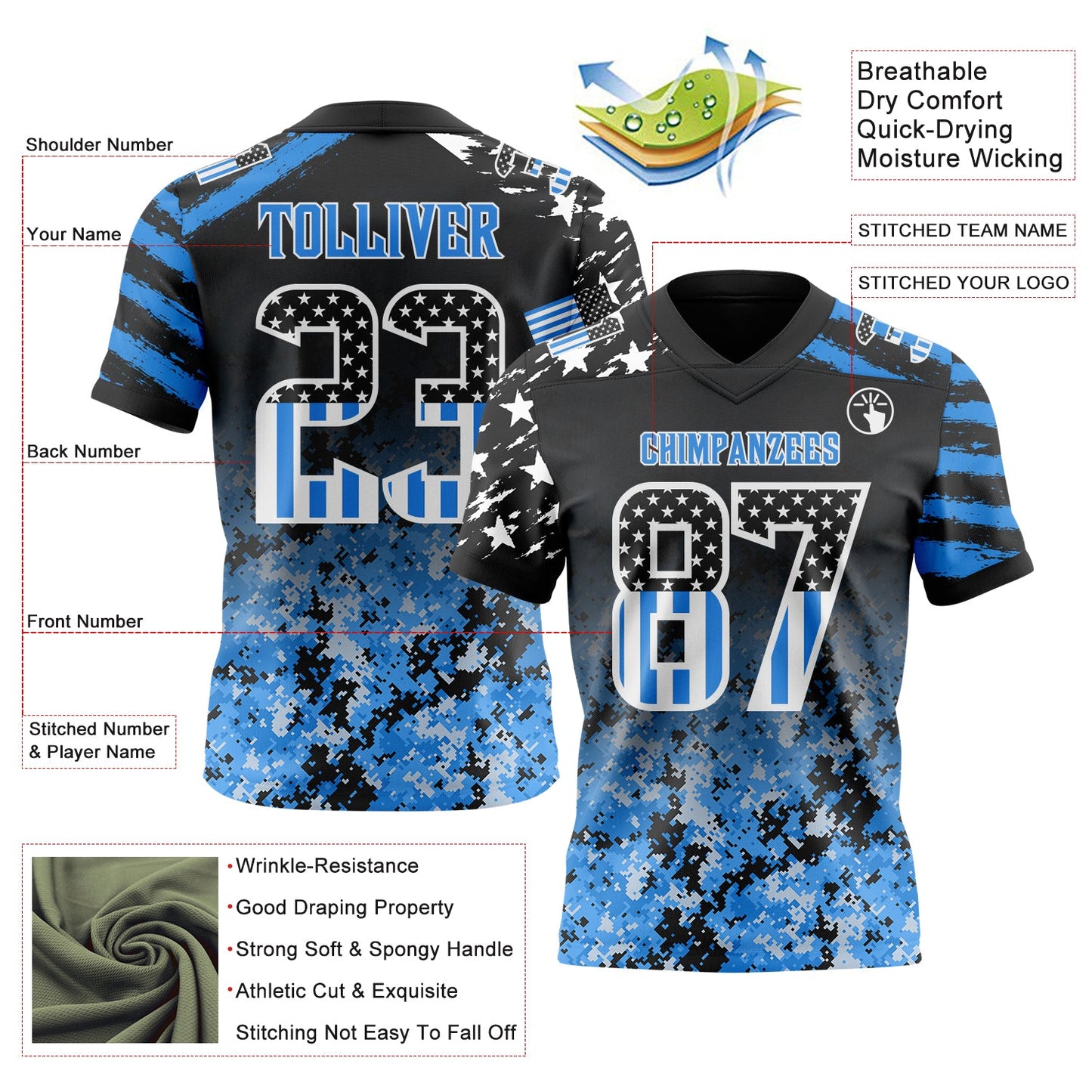 Custom Black USA Flag Camo White-Powder Blue Authentic Gradient Digital Camouflage Stars & Stripes Raglan Sleeves Football Jersey