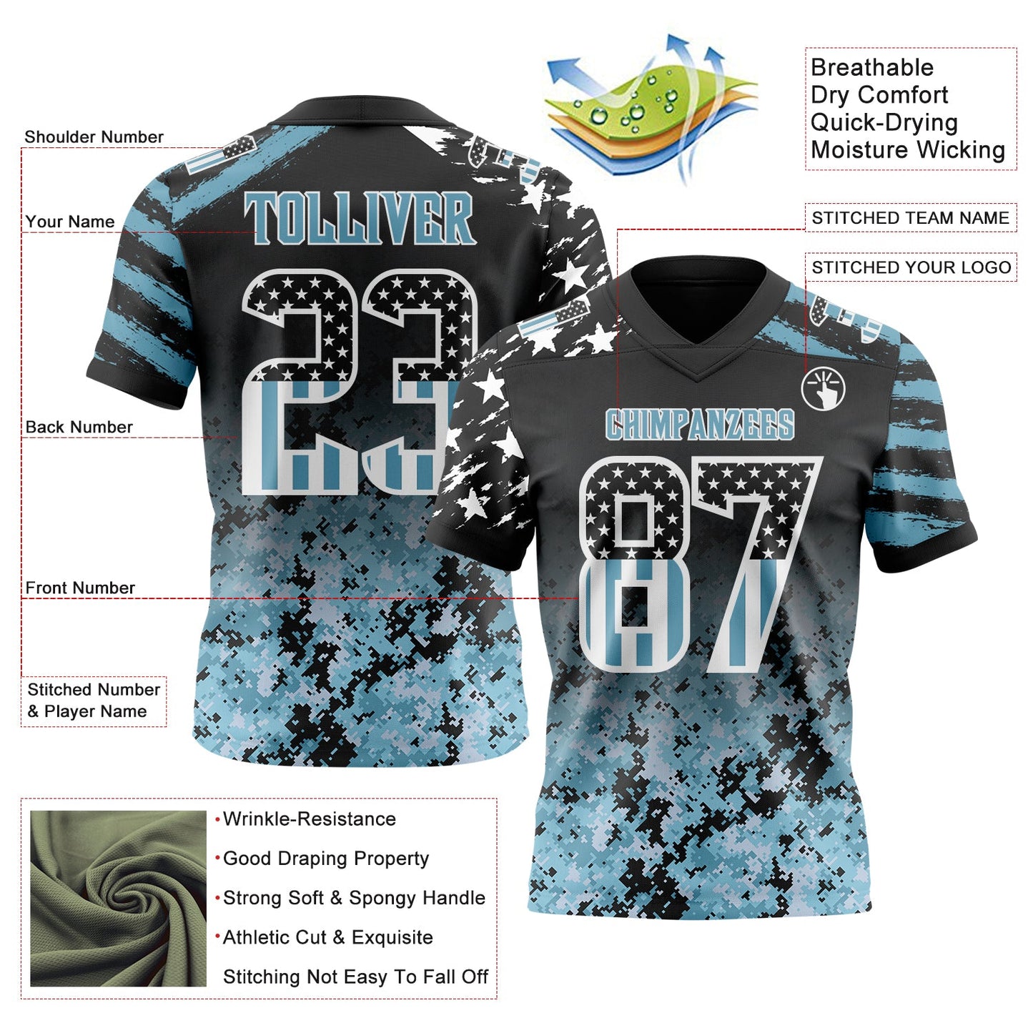 Custom Black USA Flag Camo White-Shadow Blue Authentic Gradient Digital Camouflage Stars & Stripes Raglan Sleeves Football Jersey