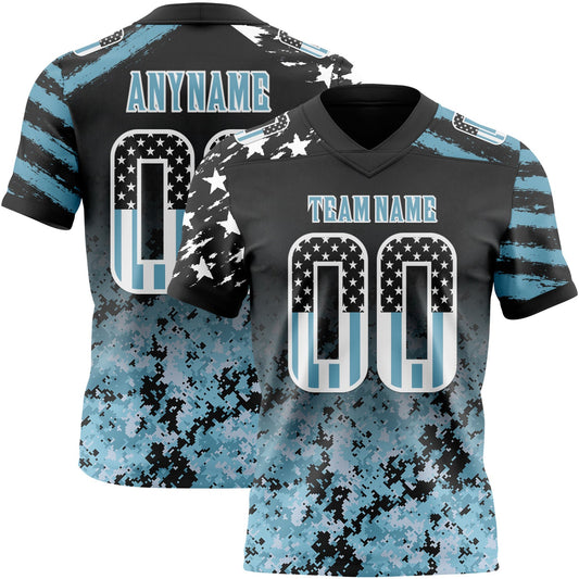 Custom Black USA Flag Camo White-Shadow Blue Authentic Gradient Digital Camouflage Stars & Stripes Raglan Sleeves Football Jersey