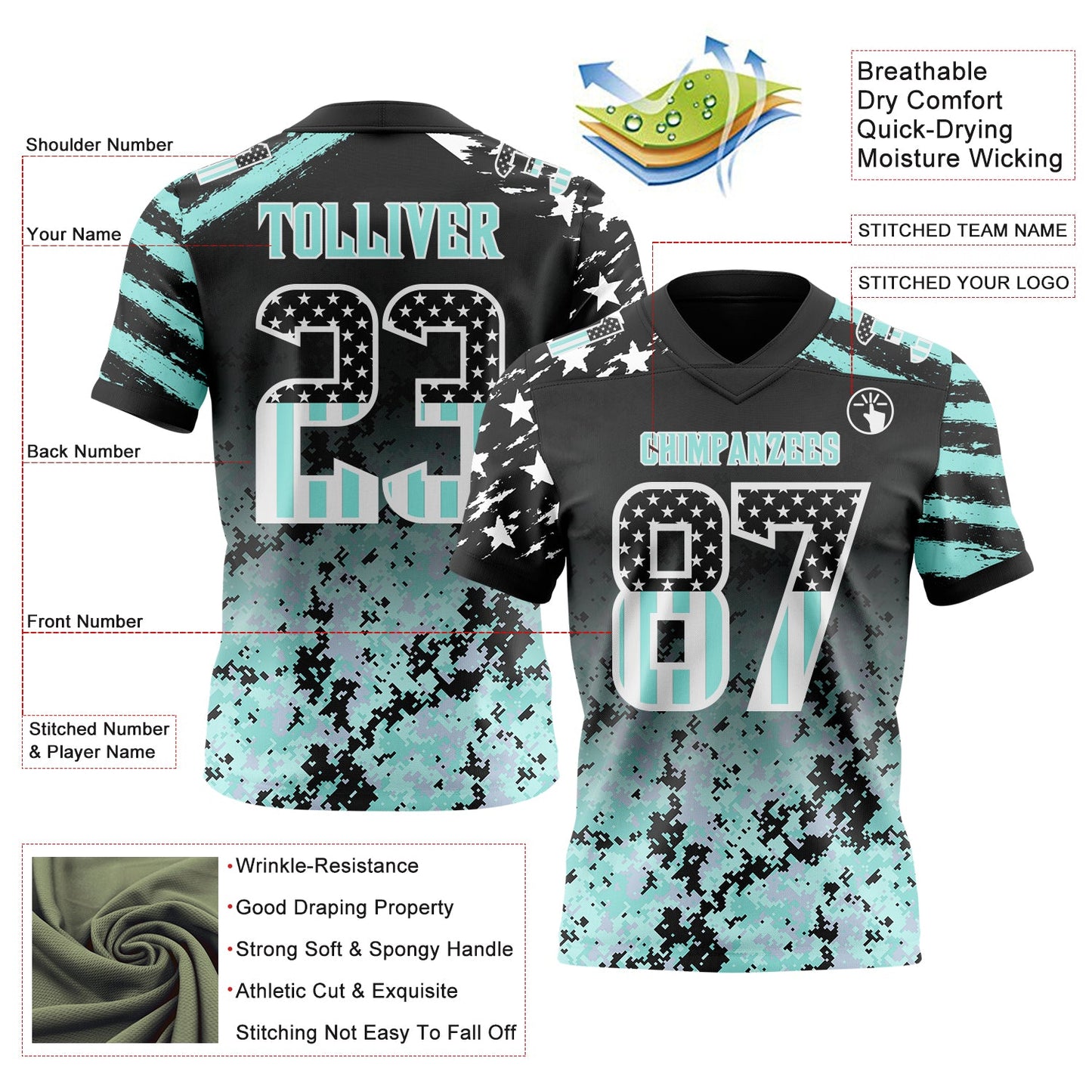 Custom Black USA Flag Camo White-Ice Blue Authentic Gradient Digital Camouflage Stars & Stripes Raglan Sleeves Football Jersey