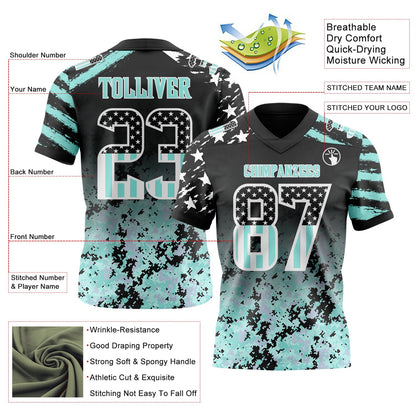 Custom Black USA Flag Camo White-Ice Blue Authentic Gradient Digital Camouflage Stars & Stripes Raglan Sleeves Football Jersey