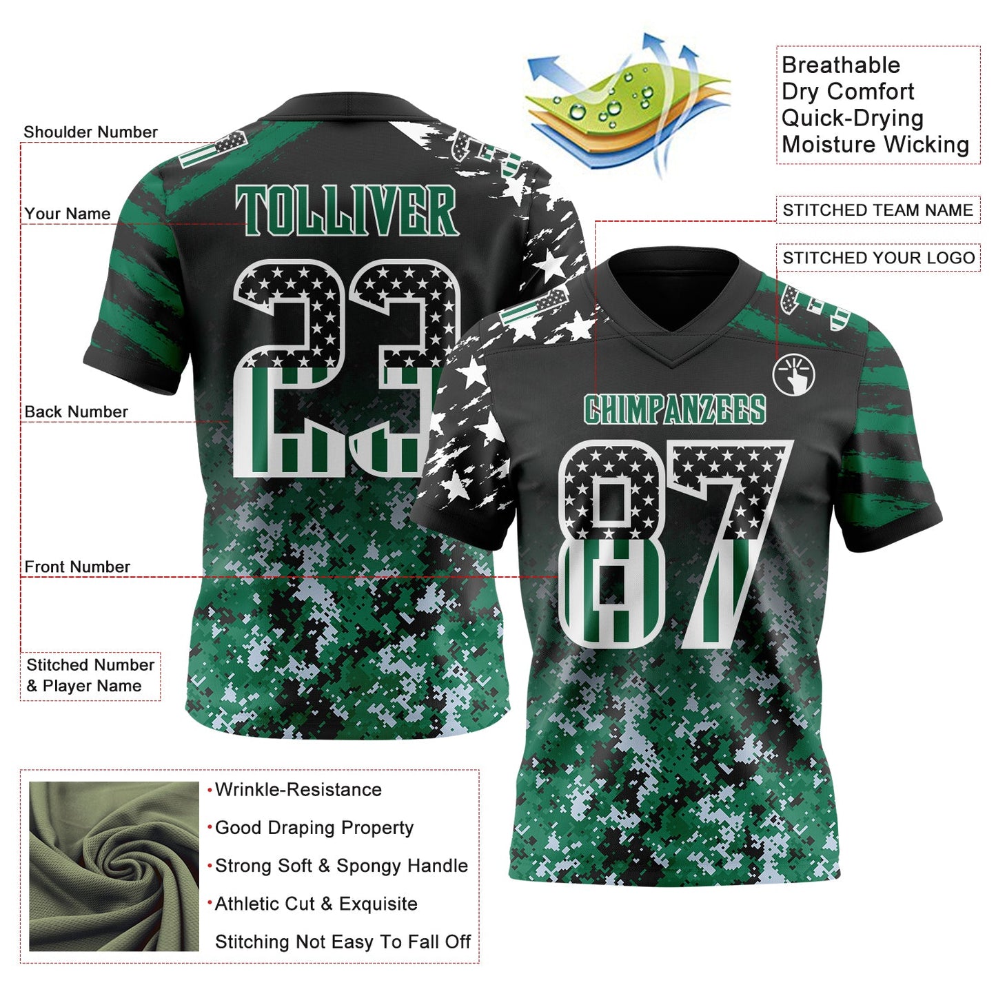 Custom Black USA Flag Camo White-Kelly Green Authentic Gradient Digital Camouflage Stars & Stripes Raglan Sleeves Football Jersey
