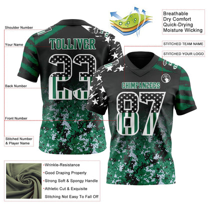 Custom Black USA Flag Camo White-Kelly Green Authentic Gradient Digital Camouflage Stars & Stripes Raglan Sleeves Football Jersey