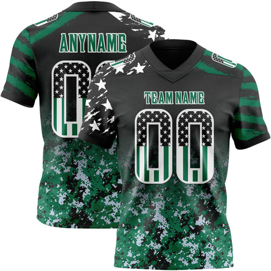 Custom Black USA Flag Camo White-Kelly Green Authentic Gradient Digital Camouflage Stars & Stripes Raglan Sleeves Football Jersey