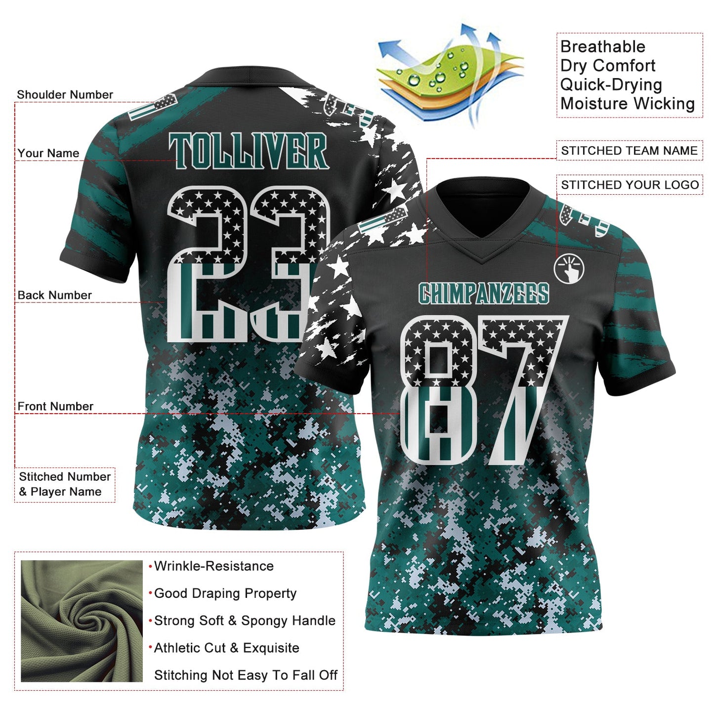Custom Black USA Flag Camo White-Midnight Green Authentic Gradient Digital Camouflage Stars & Stripes Raglan Sleeves Football Jersey