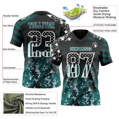 Custom Black USA Flag Camo White-Midnight Green Authentic Gradient Digital Camouflage Stars & Stripes Raglan Sleeves Football Jersey