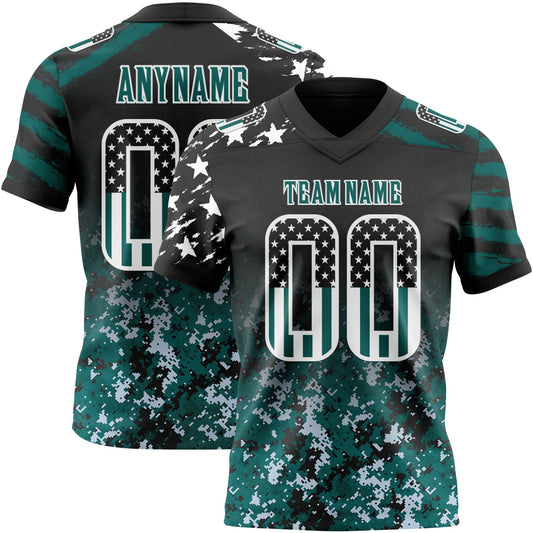 Custom Black USA Flag Camo White-Midnight Green Authentic Gradient Digital Camouflage Stars & Stripes Raglan Sleeves Football Jersey