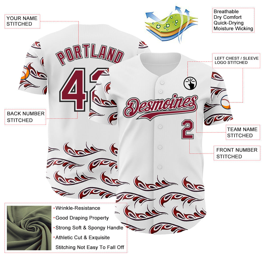 Custom White Crimson-Black Flame Feather Authentic Baseball Jersey