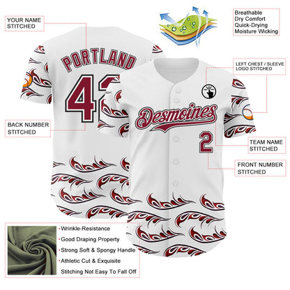 Custom White Crimson-Black Flame Feather Authentic Baseball Jersey