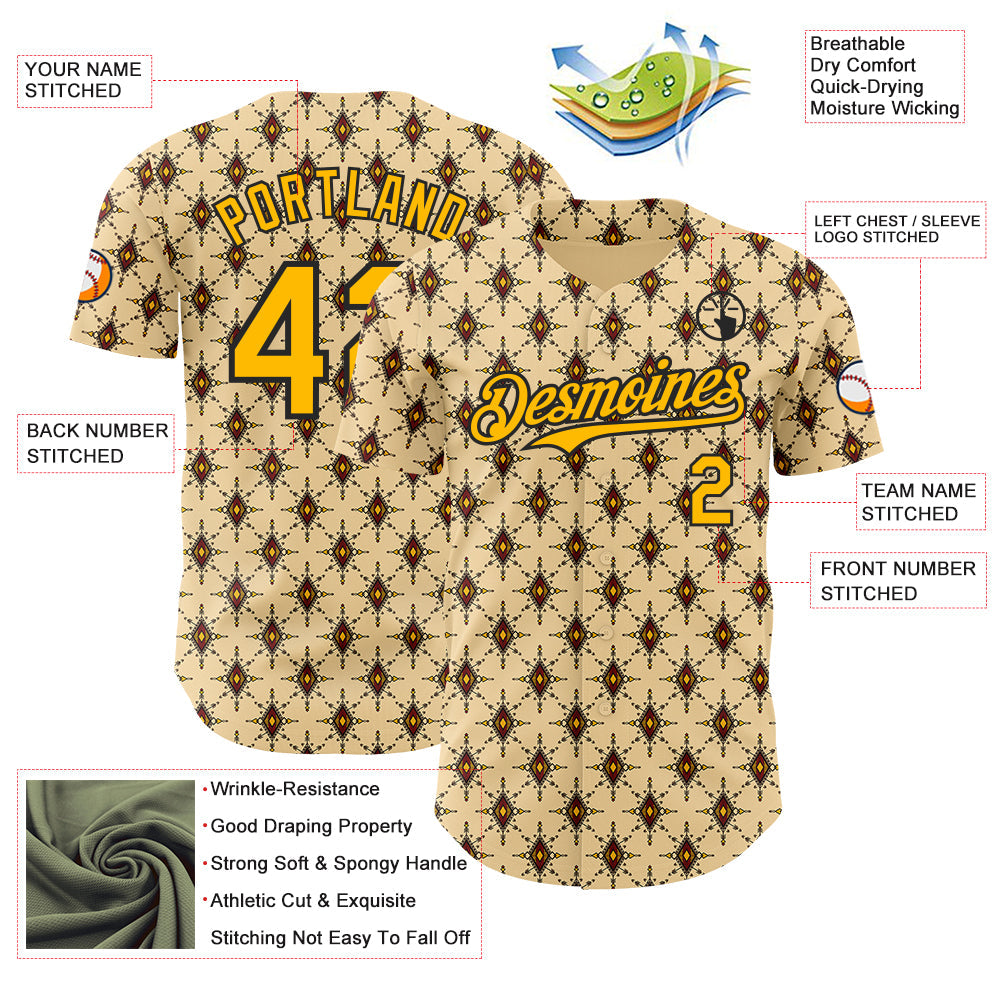 Custom Yellow Gold-Black Geometric Ethnic Authentic Baseball Jersey