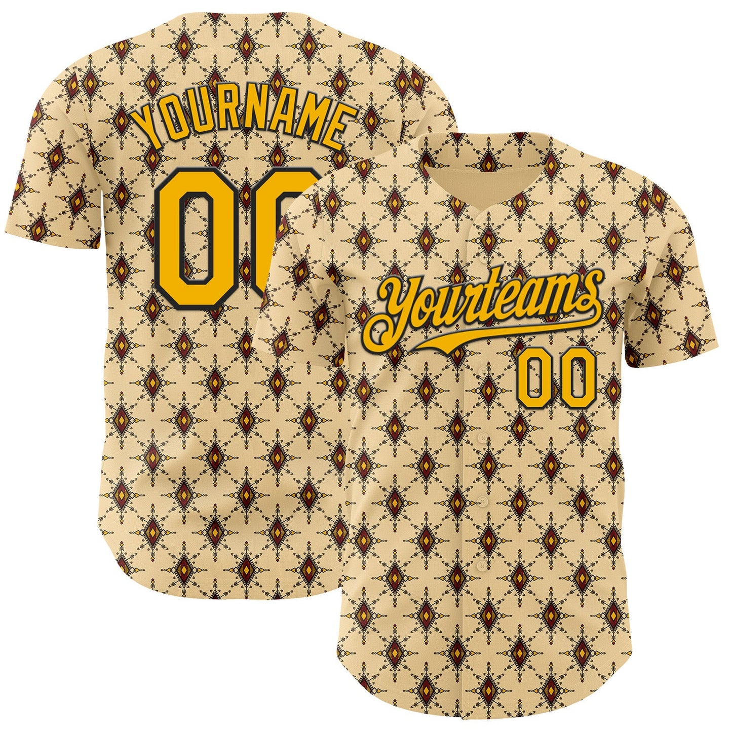 Custom Yellow Gold-Black Geometric Ethnic Authentic Baseball Jersey