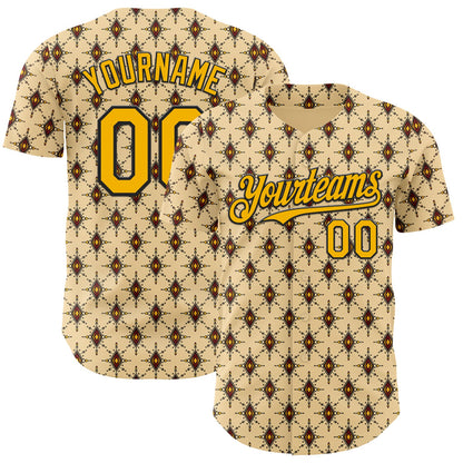 Custom Yellow Gold-Black Geometric Ethnic Authentic Baseball Jersey