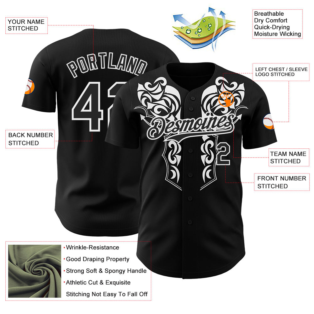 Custom Black-White Baroque Floral Scroll Authentic Baseball Jersey