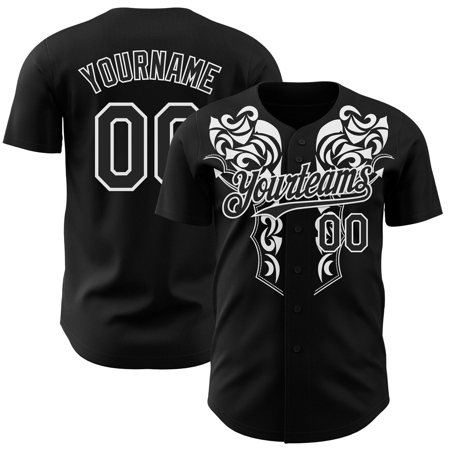 Custom Black-White Baroque Floral Scroll Authentic Baseball Jersey