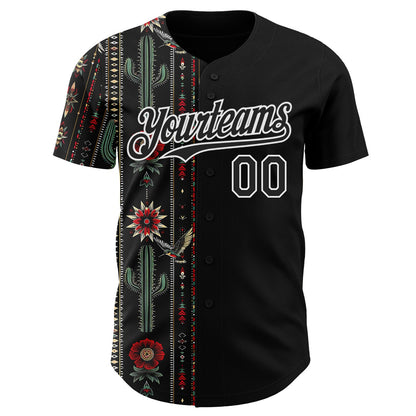 Custom Black-White Southwest Cactus Aztec Tribal Authentic Baseball Jersey