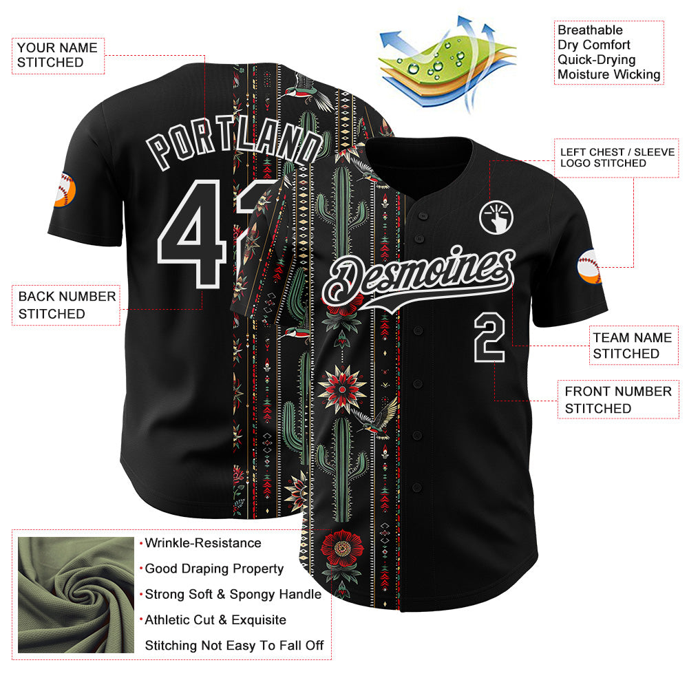 Custom Black-White Southwest Cactus Aztec Tribal Authentic Baseball Jersey