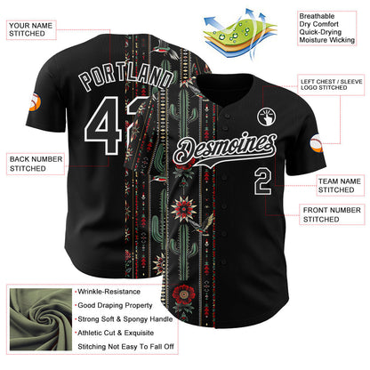 Custom Black-White Southwest Cactus Aztec Tribal Authentic Baseball Jersey