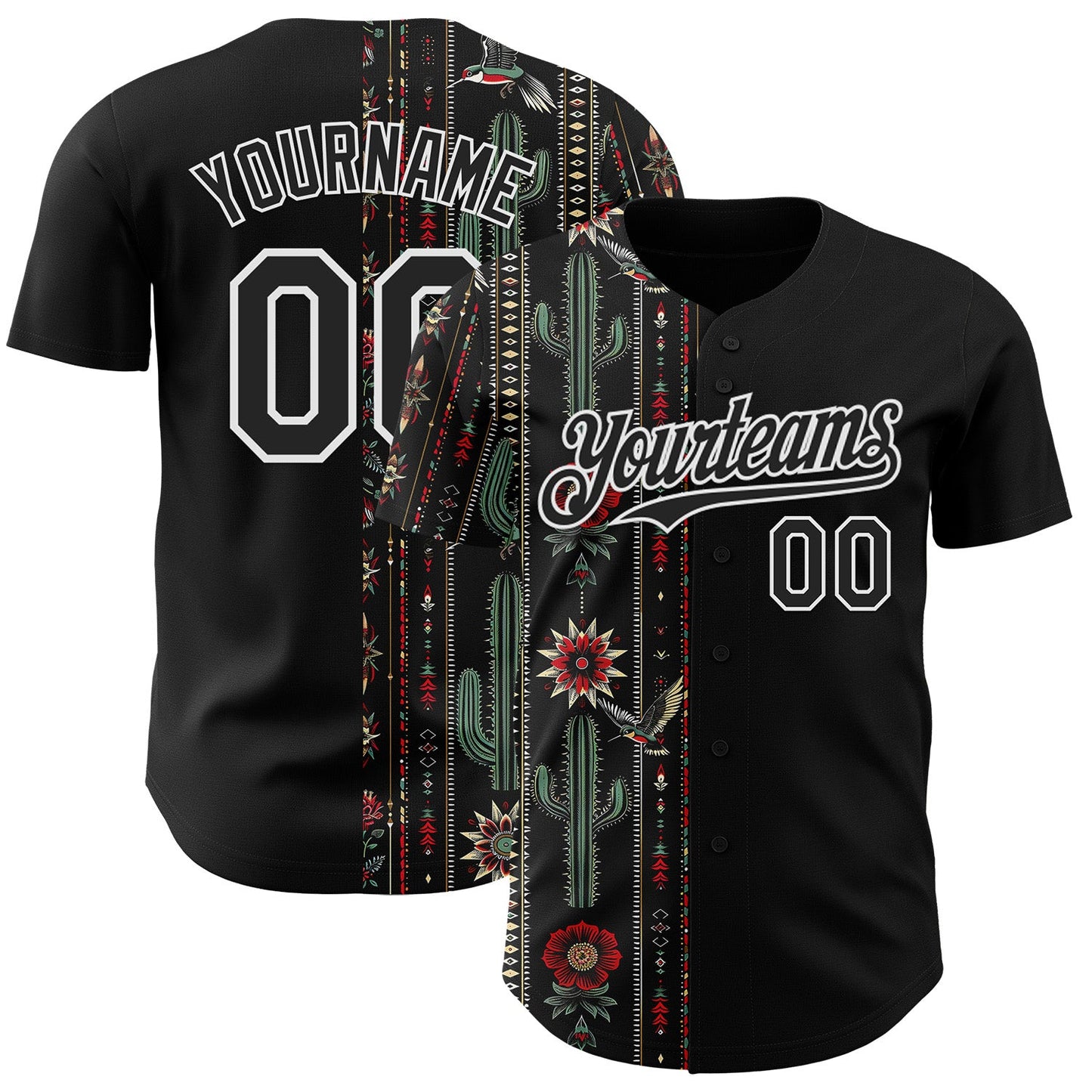 Custom Black-White Southwest Cactus Aztec Tribal Authentic Baseball Jersey
