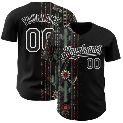 Custom Black-White Southwest Cactus Aztec Tribal Authentic Baseball Jersey