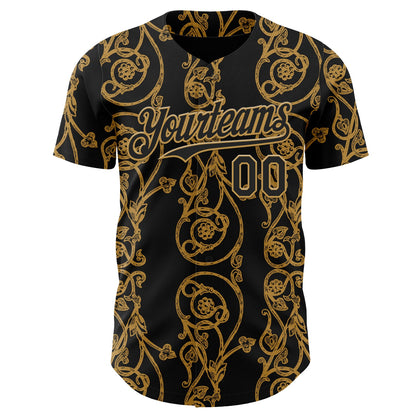 Custom Black-Old Gold Baroque Floral Scroll Authentic Baseball Jersey