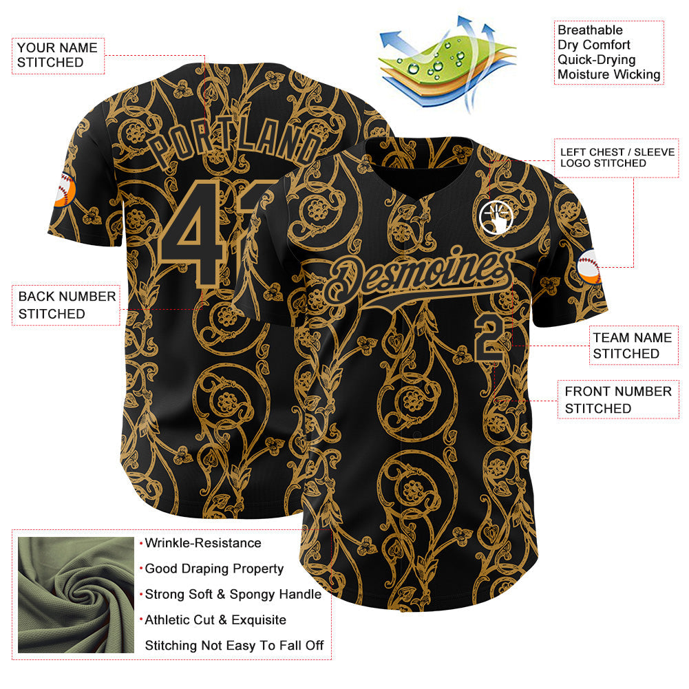 Custom Black-Old Gold Baroque Floral Scroll Authentic Baseball Jersey