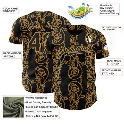 Custom Black-Old Gold Baroque Floral Scroll Authentic Baseball Jersey