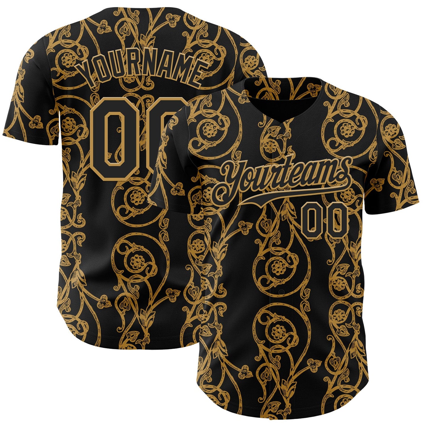 Custom Black-Old Gold Baroque Floral Scroll Authentic Baseball Jersey