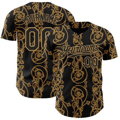 Custom Black-Old Gold Baroque Floral Scroll Authentic Baseball Jersey