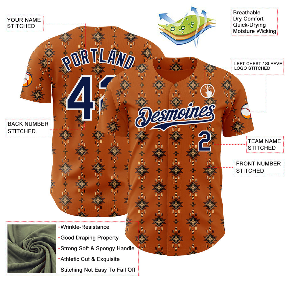 Custom Texas Orange Navy-White Tribal Ethnic Authentic Baseball Jersey
