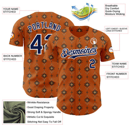 Custom Texas Orange Navy-White Tribal Ethnic Authentic Baseball Jersey