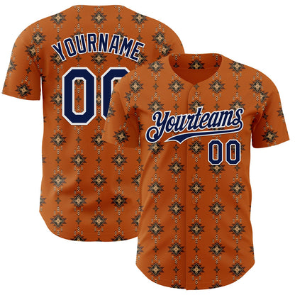 Custom Texas Orange Navy-White Tribal Ethnic Authentic Baseball Jersey