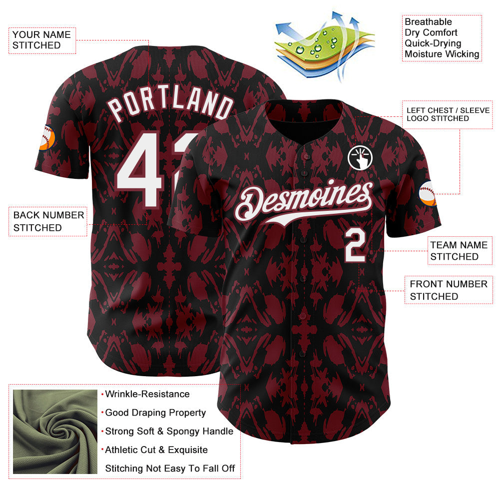 Custom Black White-Burgundy Abstract Authentic Baseball Jersey