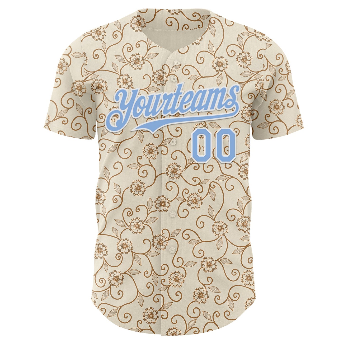Custom Cream Light Blue-White Baroque Floral Scroll Authentic Baseball Jersey