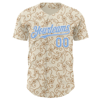 Custom Cream Light Blue-White Baroque Floral Scroll Authentic Baseball Jersey