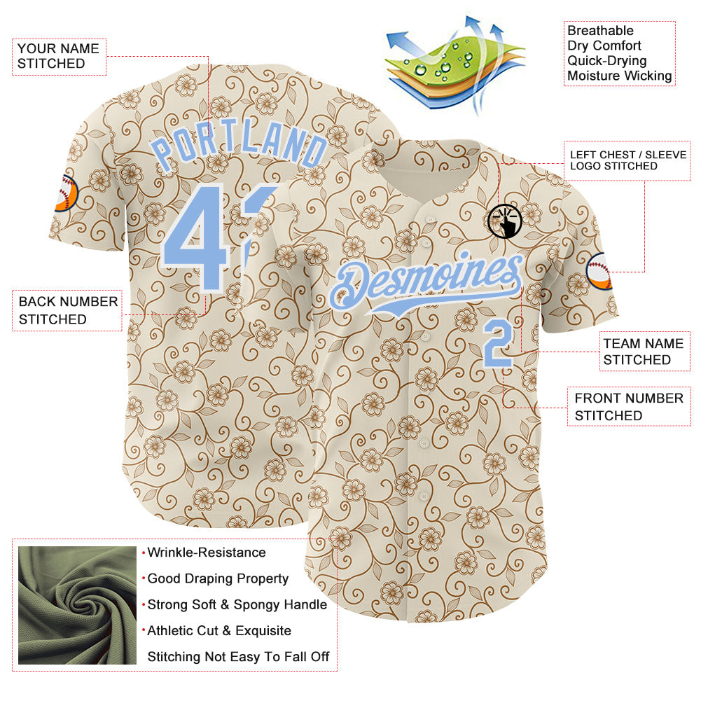 Custom Cream Light Blue-White Baroque Floral Scroll Authentic Baseball Jersey