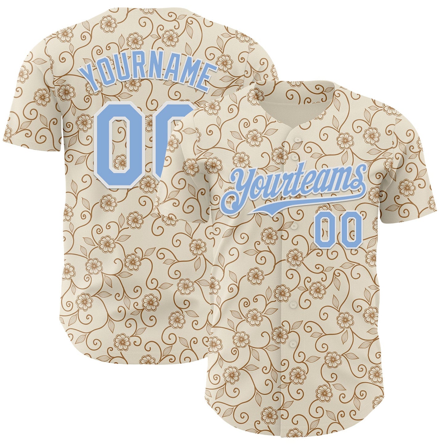 Custom Cream Light Blue-White Baroque Floral Scroll Authentic Baseball Jersey