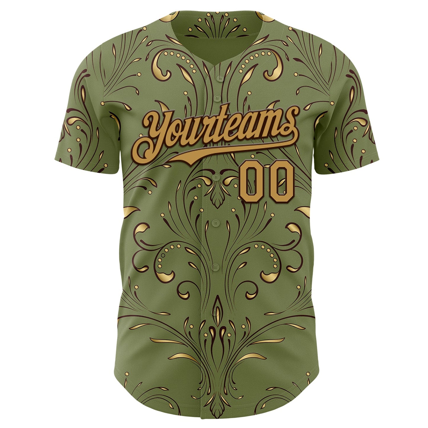 Custom Green Old Gold-Brown Baroque Floral Scroll Authentic Baseball Jersey