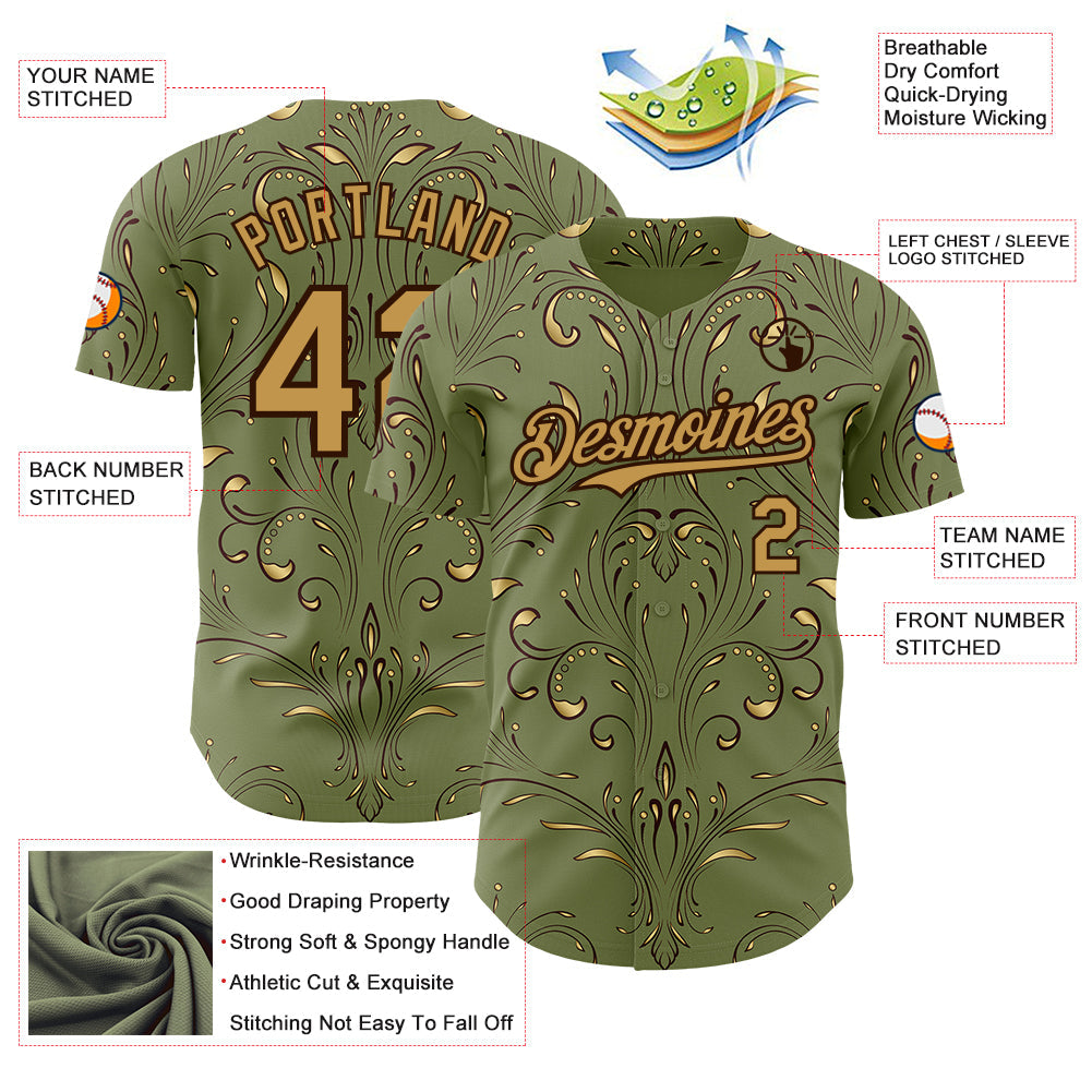 Custom Green Old Gold-Brown Baroque Floral Scroll Authentic Baseball Jersey