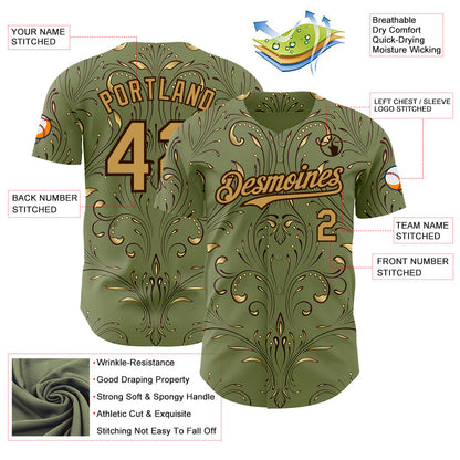 Custom Green Old Gold-Brown Baroque Floral Scroll Authentic Baseball Jersey